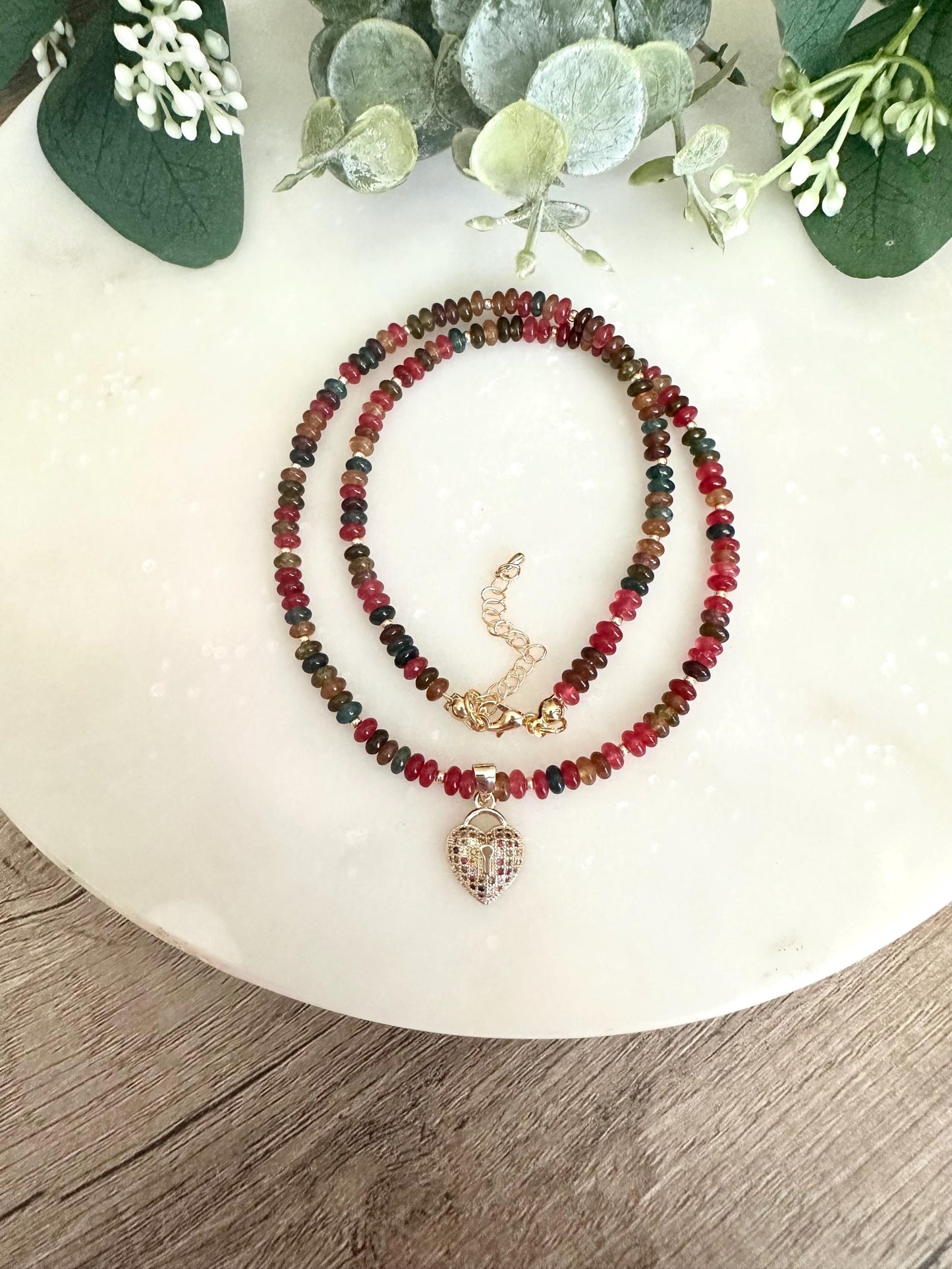 Fall Multicolor Tourmaline Beaded  Heart Necklace -Gift-Wedding-Bridesmaid