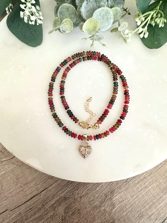 Fall Multicolor Tourmaline Beaded  Heart Necklace -Gift-Wedding-Bridesmaid