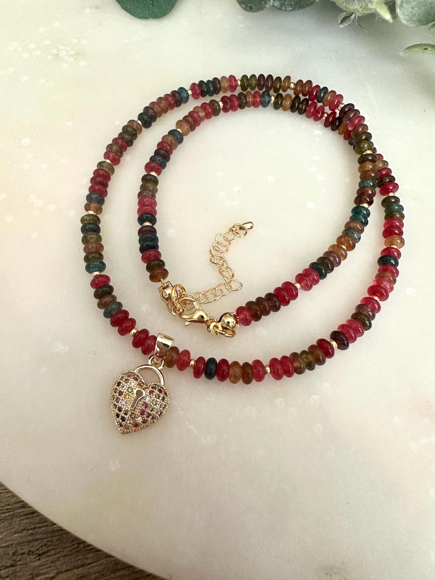 Fall Multicolor Tourmaline Beaded  Heart Necklace -Gift-Wedding-Bridesmaid