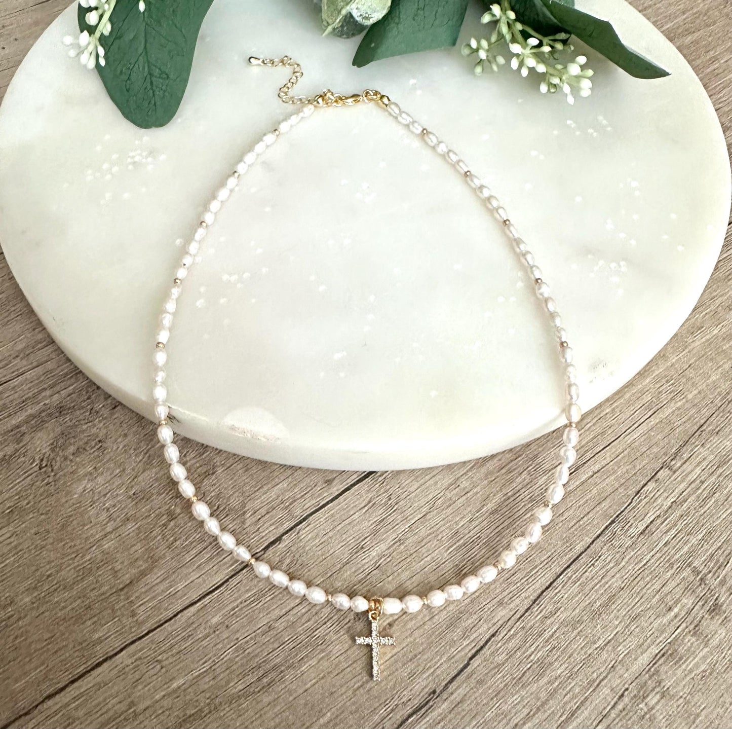 Freshwater Pearl Beaded Cross Necklace -Gift-Wedding-Bridesmaid
