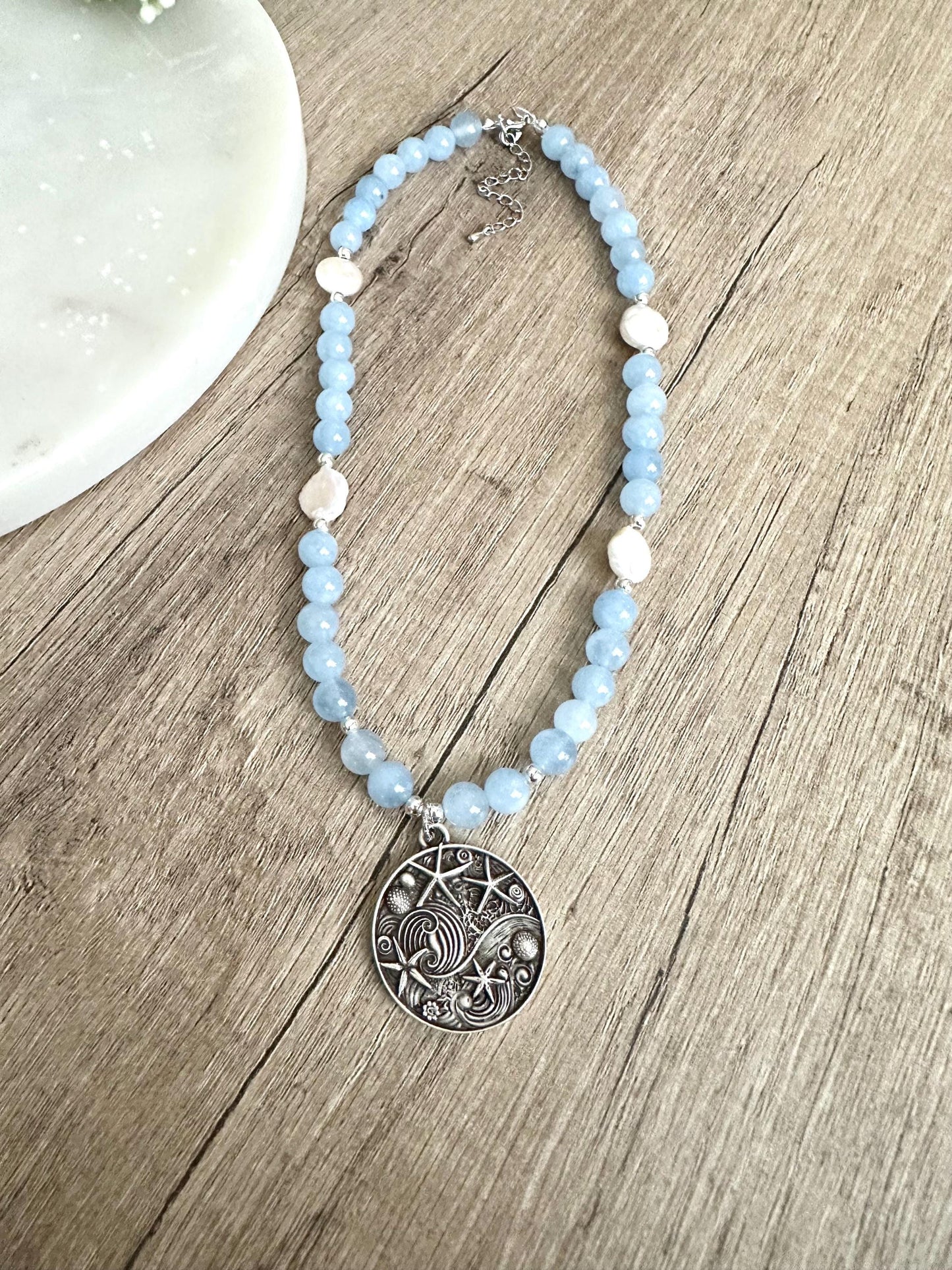 Light Blue Jade and Coin Pearls Beaded Necklace With a Sea Charm Beachy Necklace -Gift-Wedding-Bridesmaid