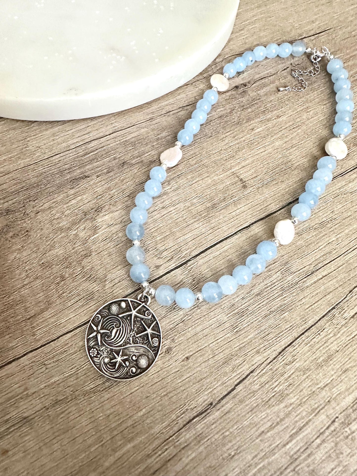 Light Blue Jade and Coin Pearls Beaded Necklace With a Sea Charm Beachy Necklace -Gift-Wedding-Bridesmaid