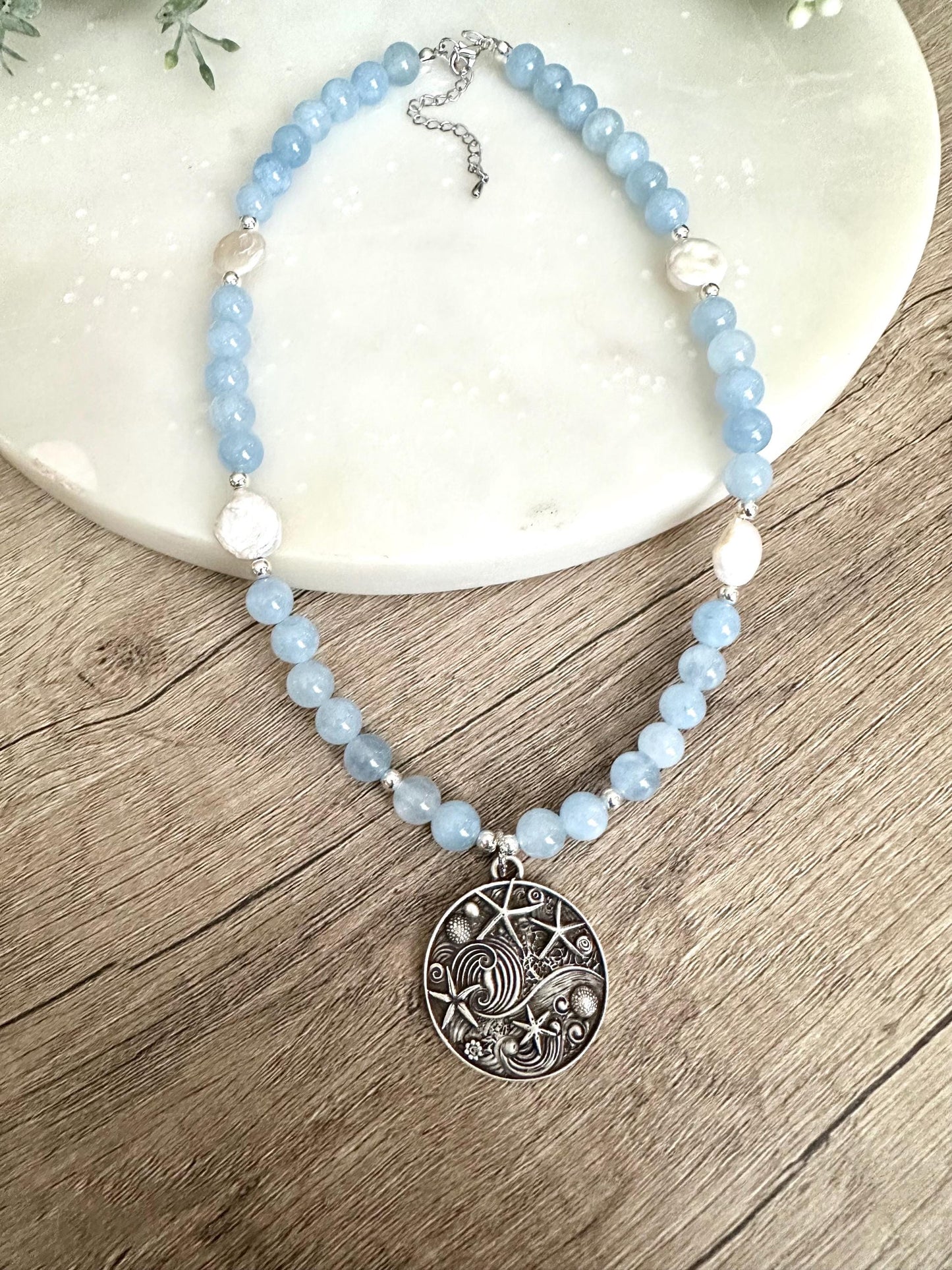 Light Blue Jade and Coin Pearls Beaded Necklace With a Sea Charm Beachy Necklace -Gift-Wedding-Bridesmaid