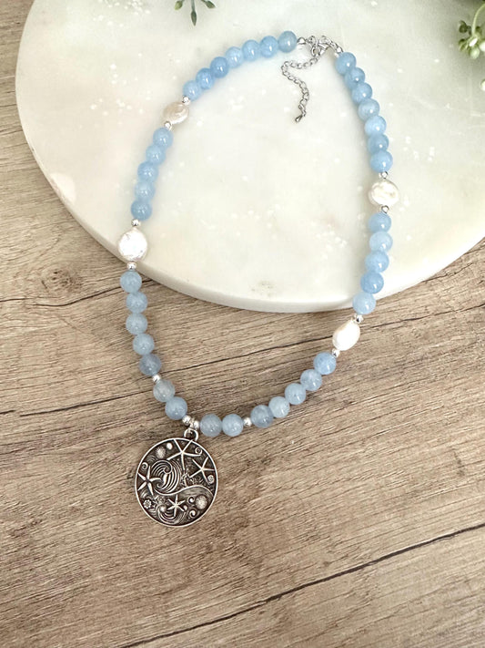 Light Blue Jade and Coin Pearls Beaded Necklace With a Sea Charm Beachy Necklace -Gift-Wedding-Bridesmaid