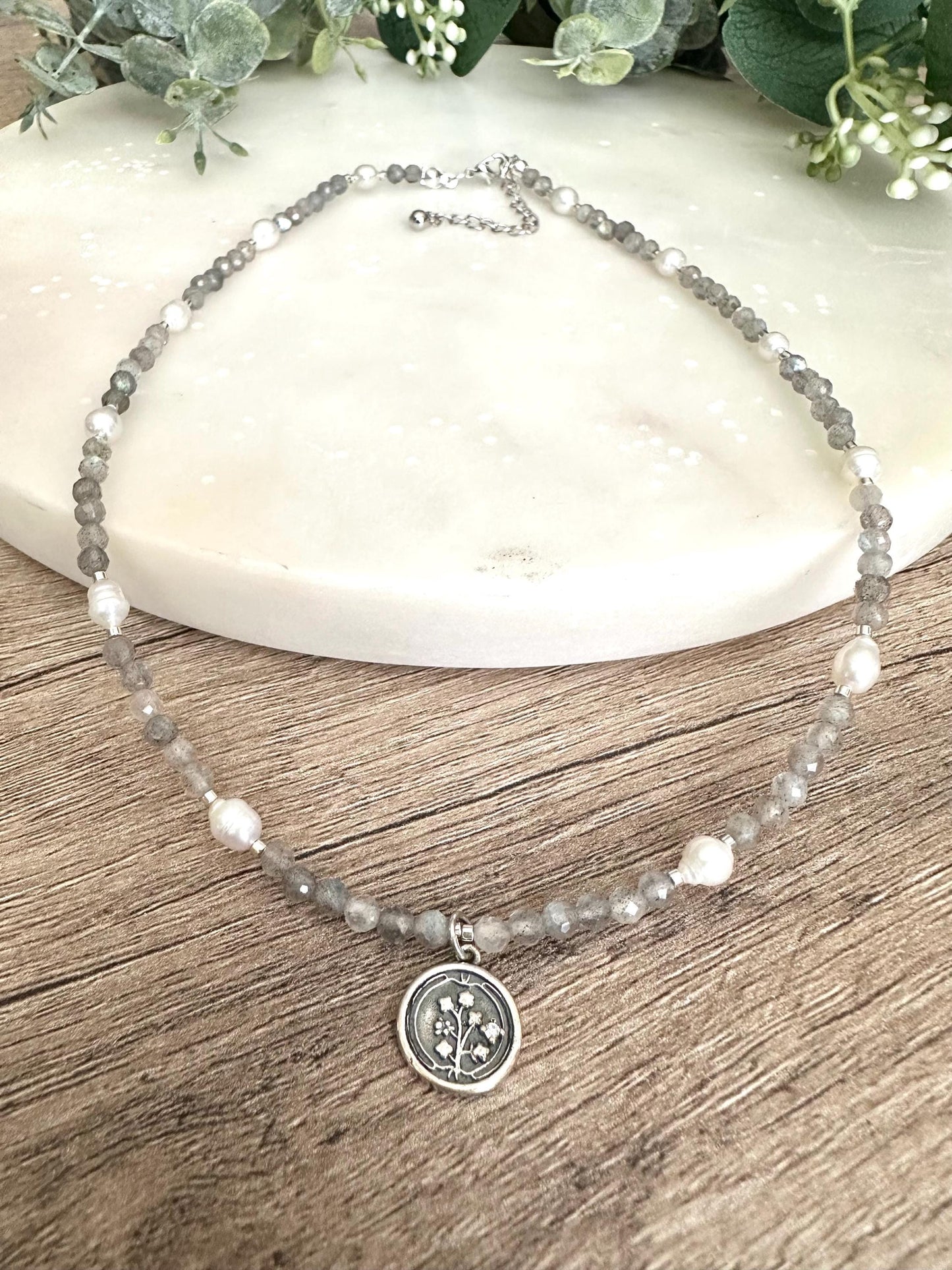 Laborite Beads and Freshwater Pearls Beaded Pearl FLower Necklace -Gift-Wedding-Bridesmaids