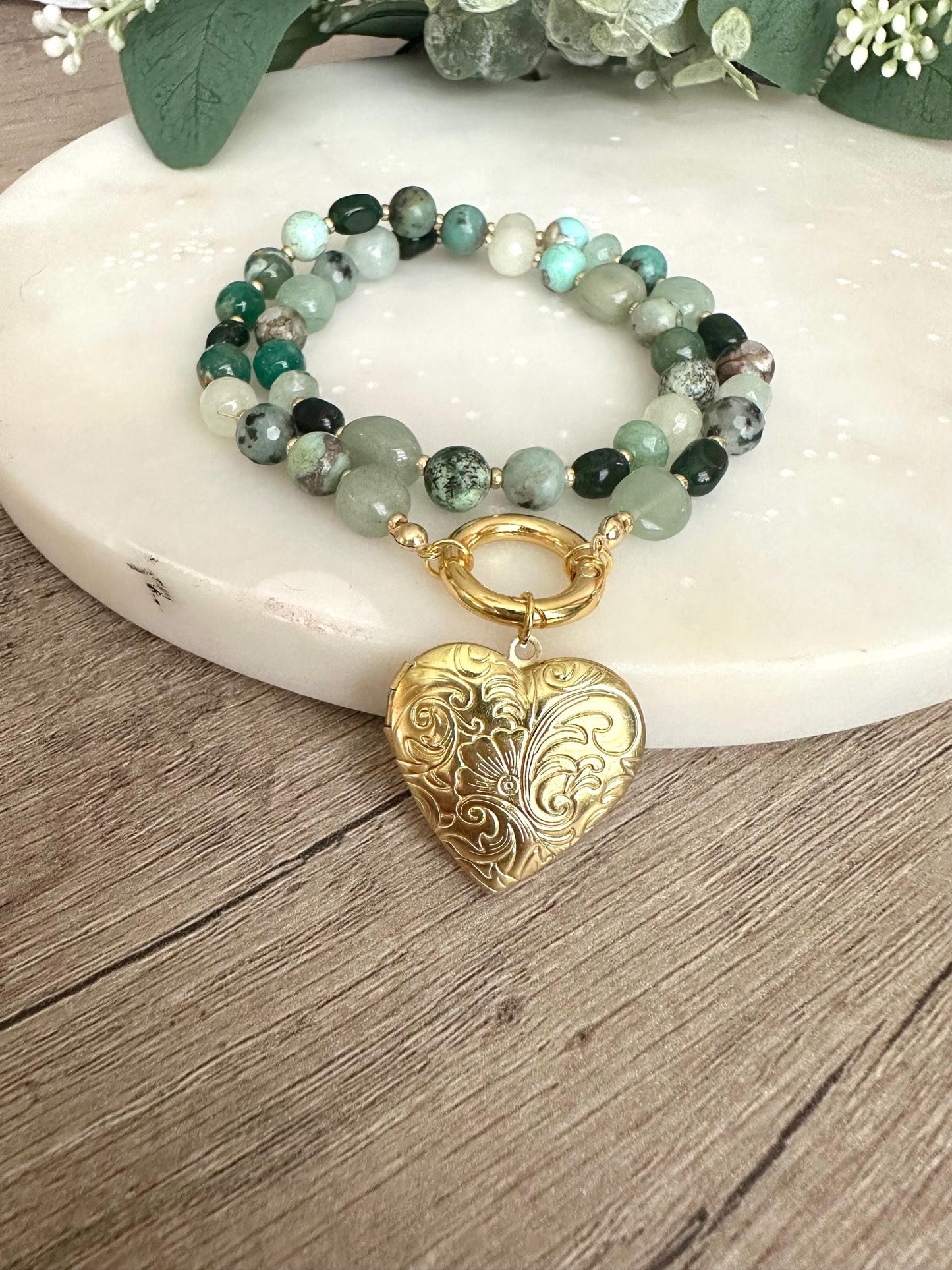 Green Gemstone Beaded Locket Necklace -Gift-Wedding-Bridesmaid