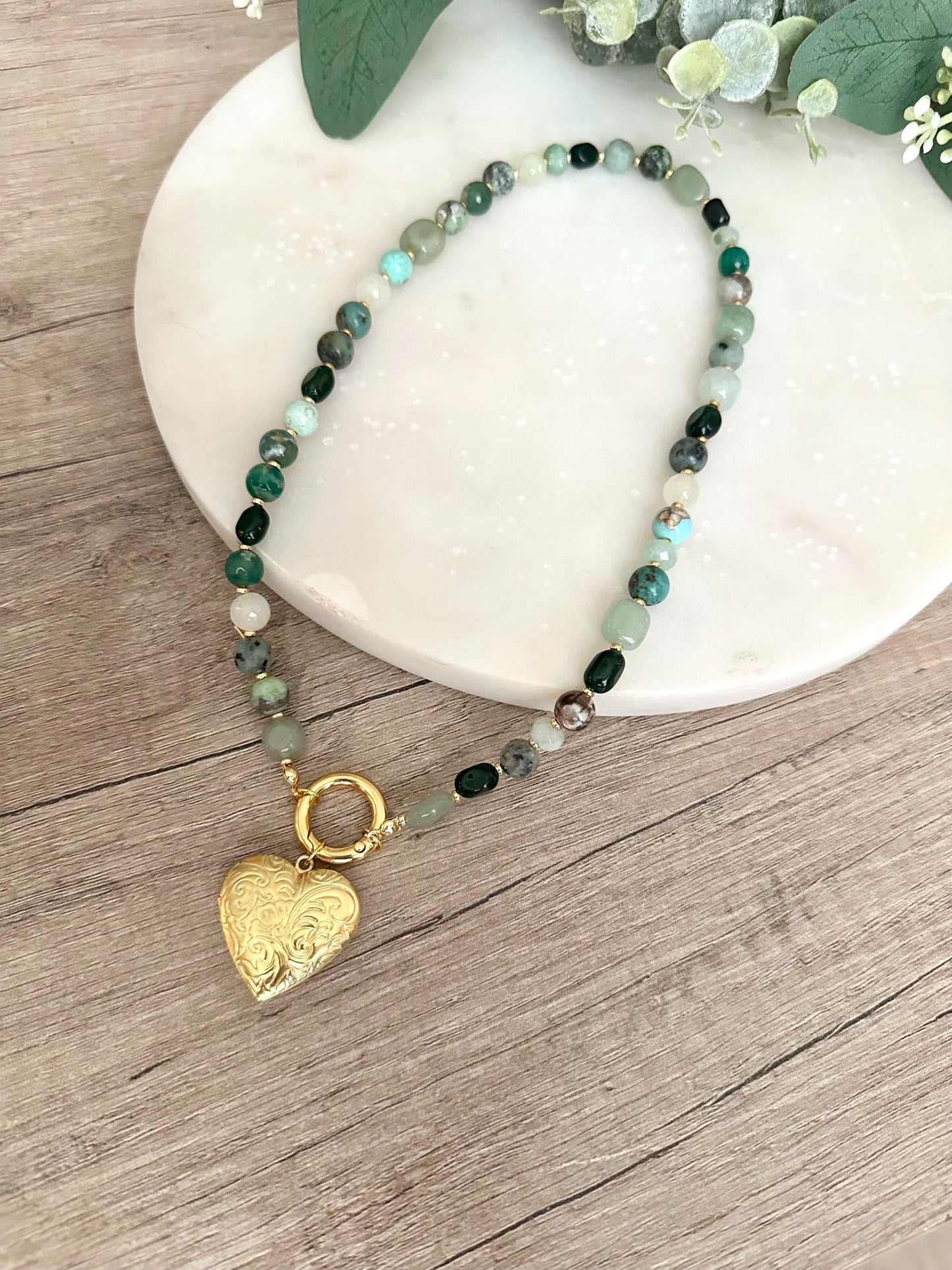 Green Gemstone Beaded Locket Necklace -Gift-Wedding-Bridesmaid