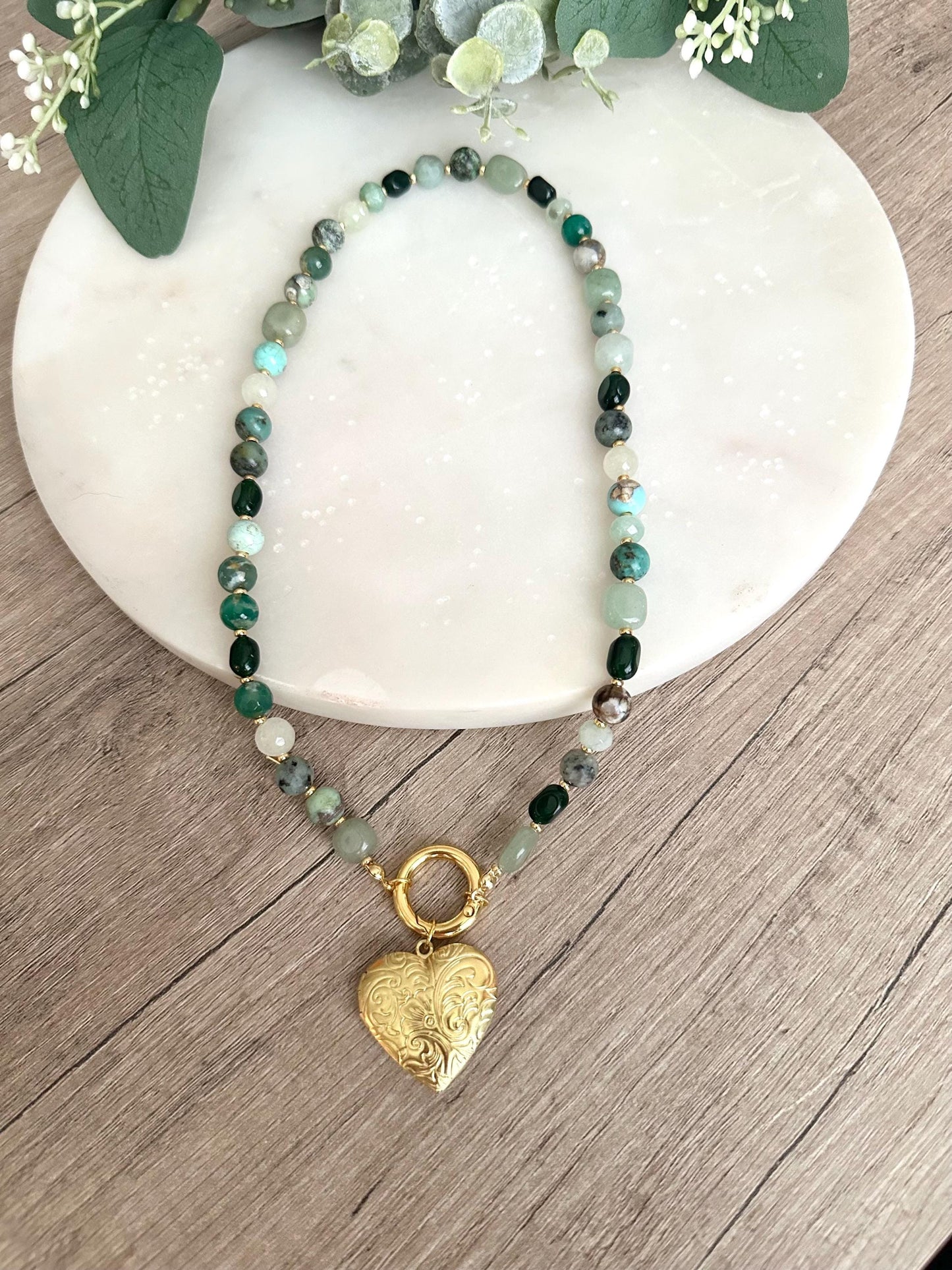Green Gemstone Beaded Locket Necklace -Gift-Wedding-Bridesmaid