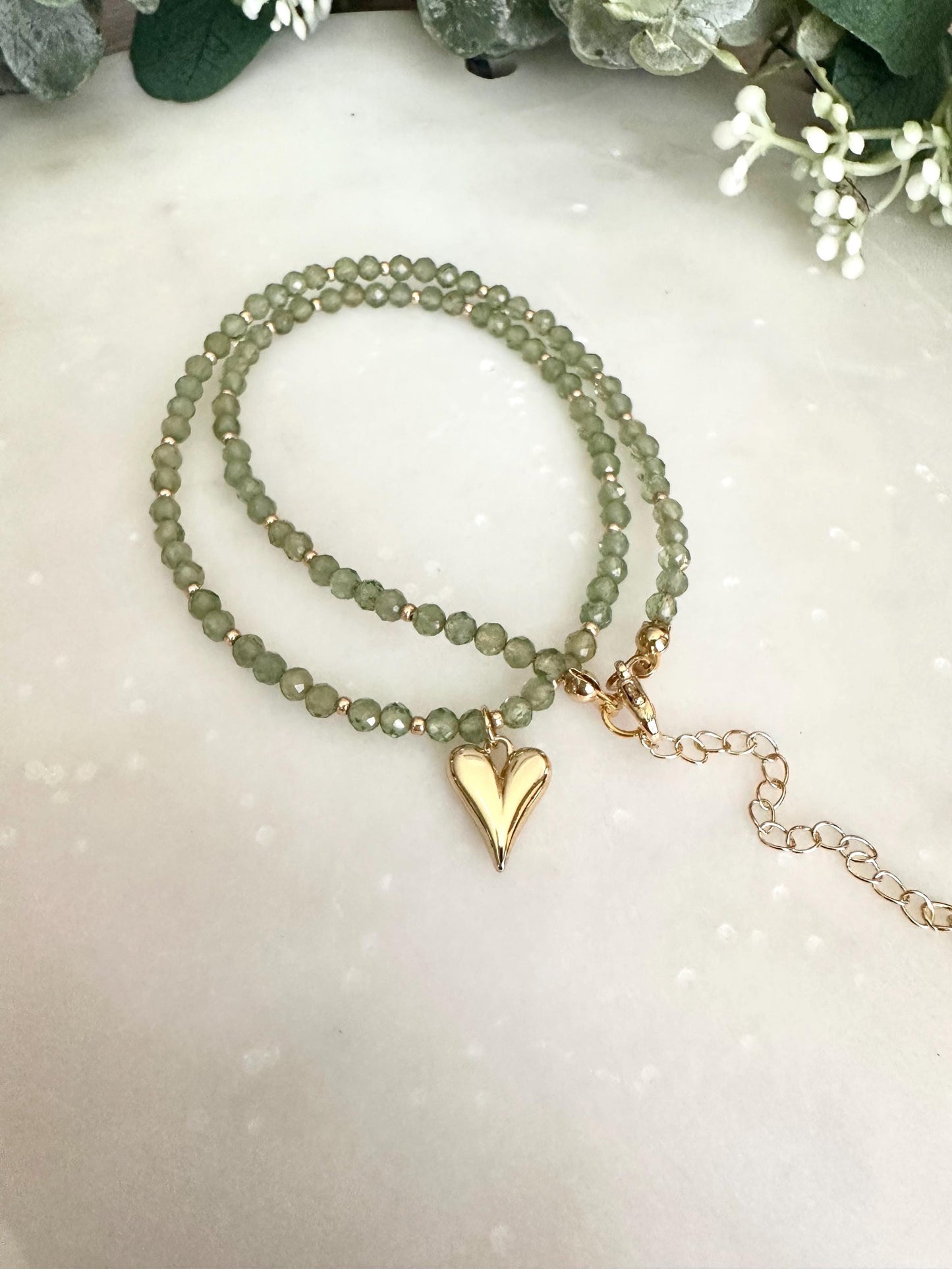 Green Apatite Beaded Heart Necklace -Gift-Wedding-Bridesmaid