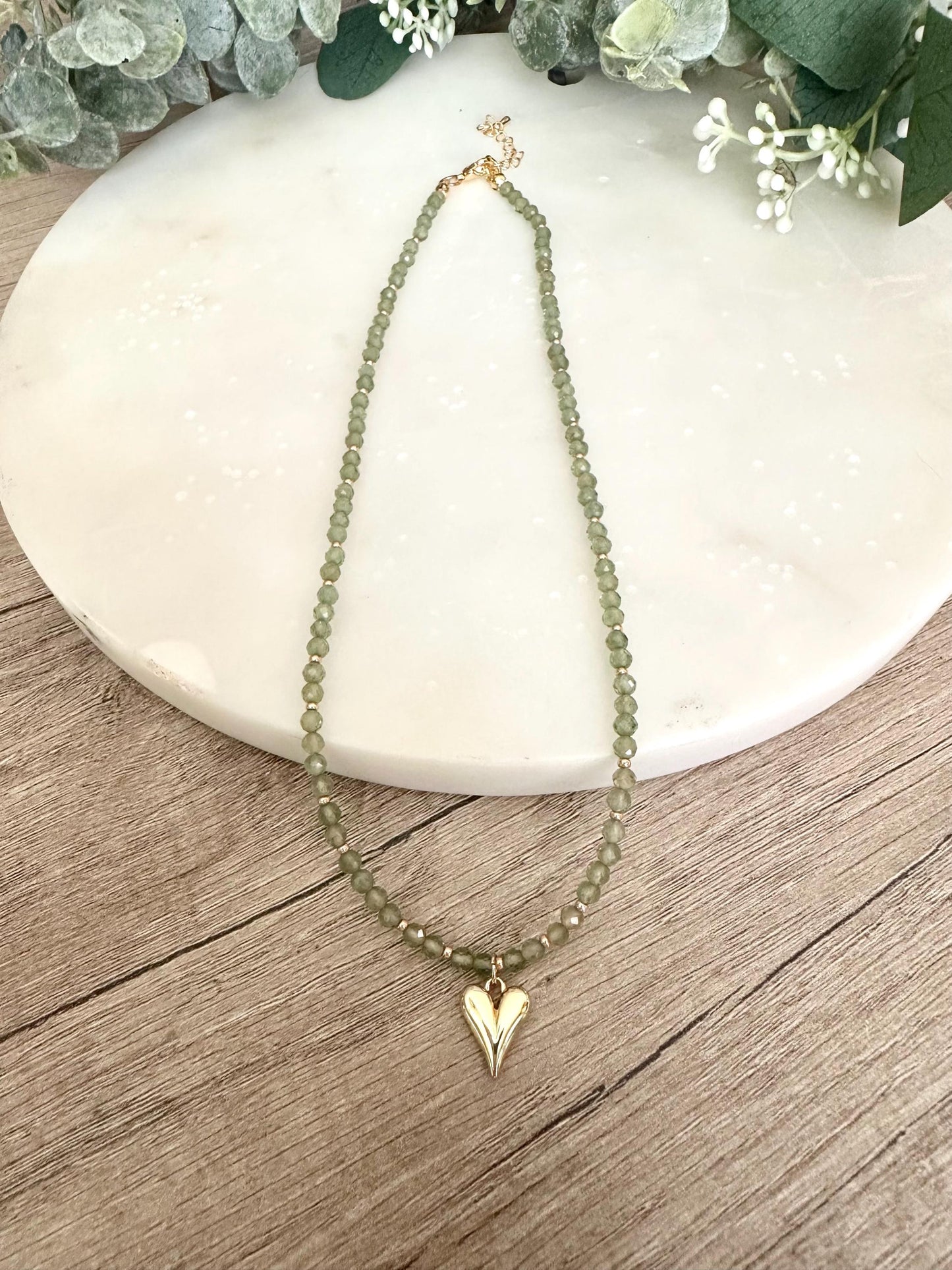 Green Apatite Beaded Heart Necklace -Gift-Wedding-Bridesmaid
