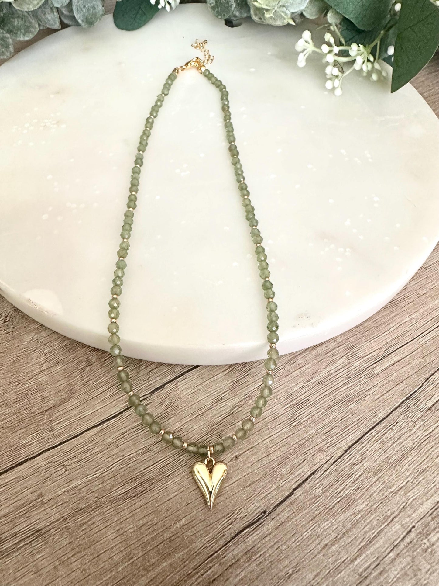 Green Apatite Beaded Heart Necklace -Gift-Wedding-Bridesmaid
