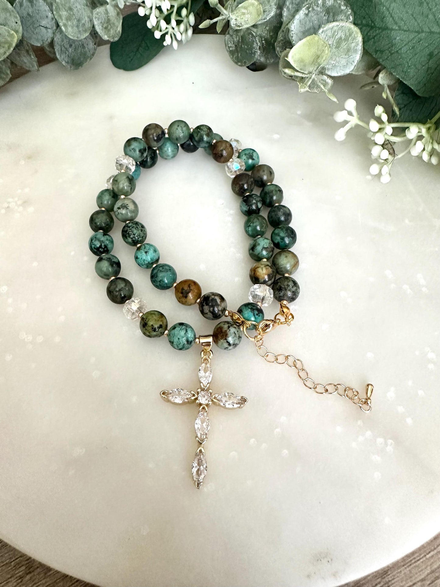 Fall African Turquoise Beaded Cross Necklace -Gift-Wedding-Bridesmaid