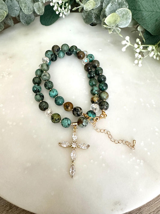 Fall African Turquoise Beaded Cross Necklace -Gift-Wedding-Bridesmaid