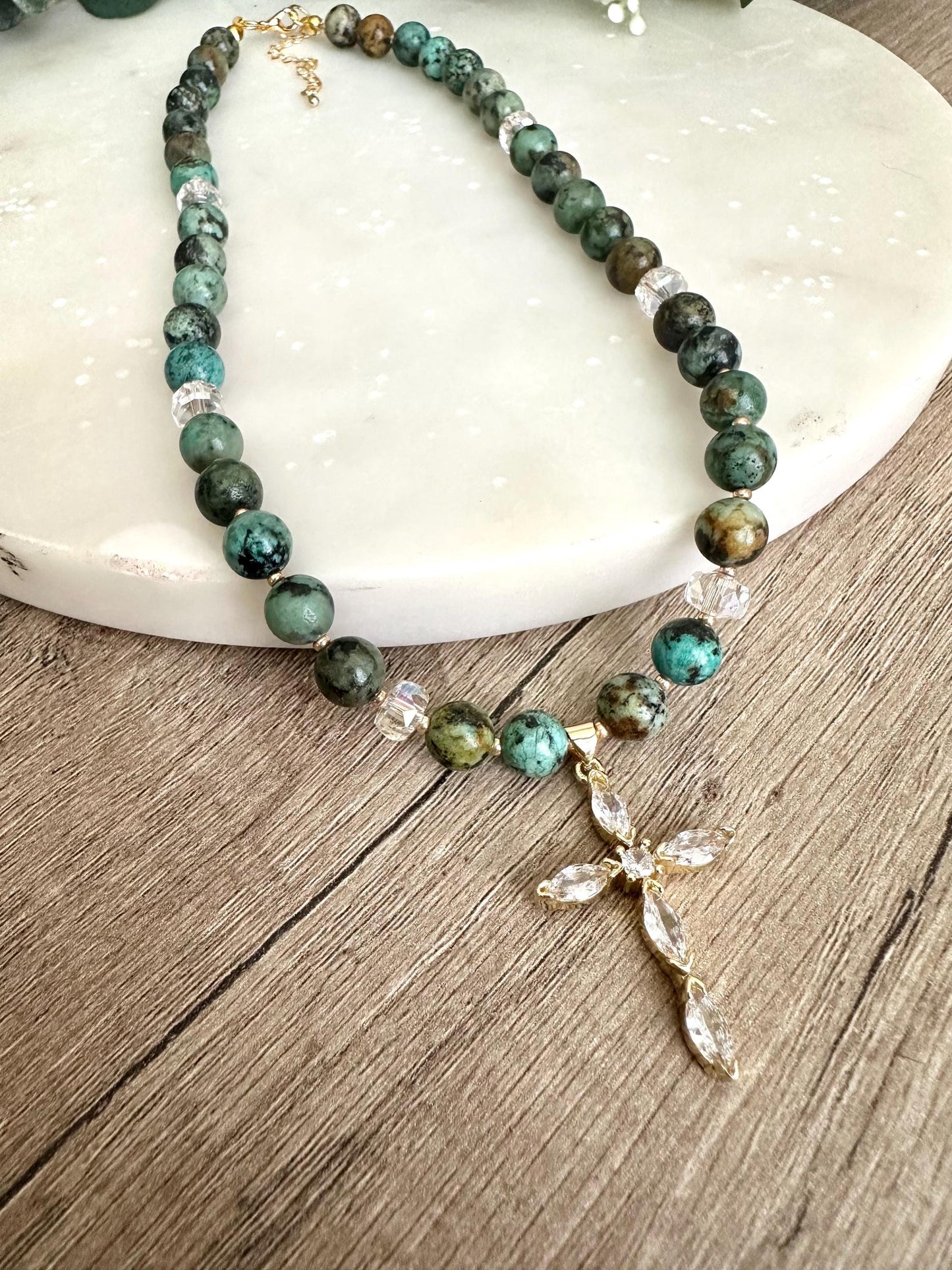 Fall African Turquoise Beaded Cross Necklace -Gift-Wedding-Bridesmaid