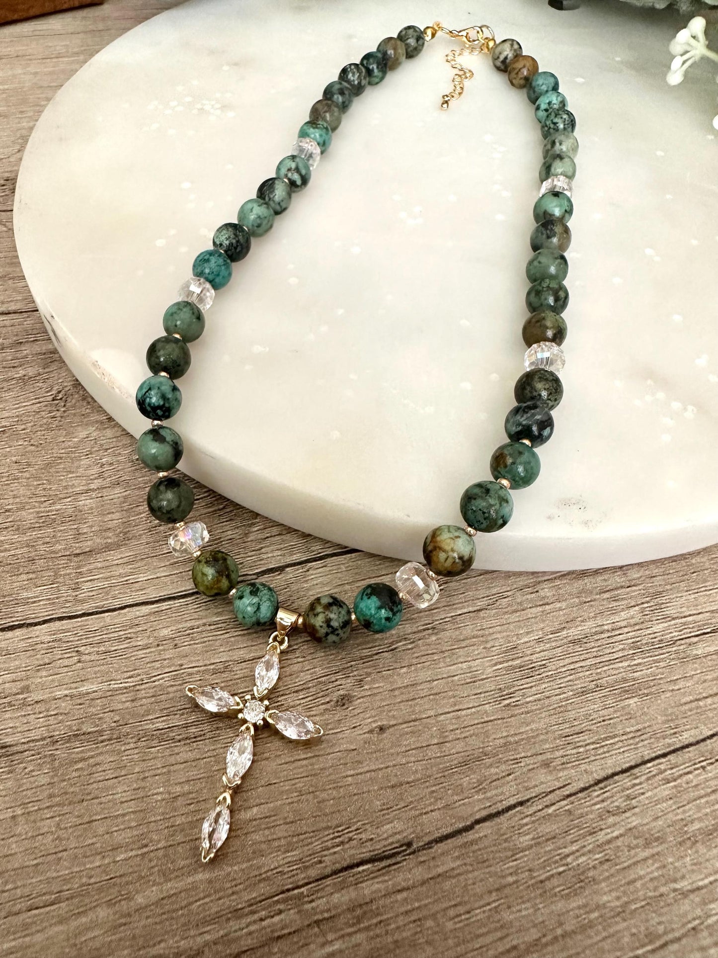 Fall African Turquoise Beaded Cross Necklace -Gift-Wedding-Bridesmaid