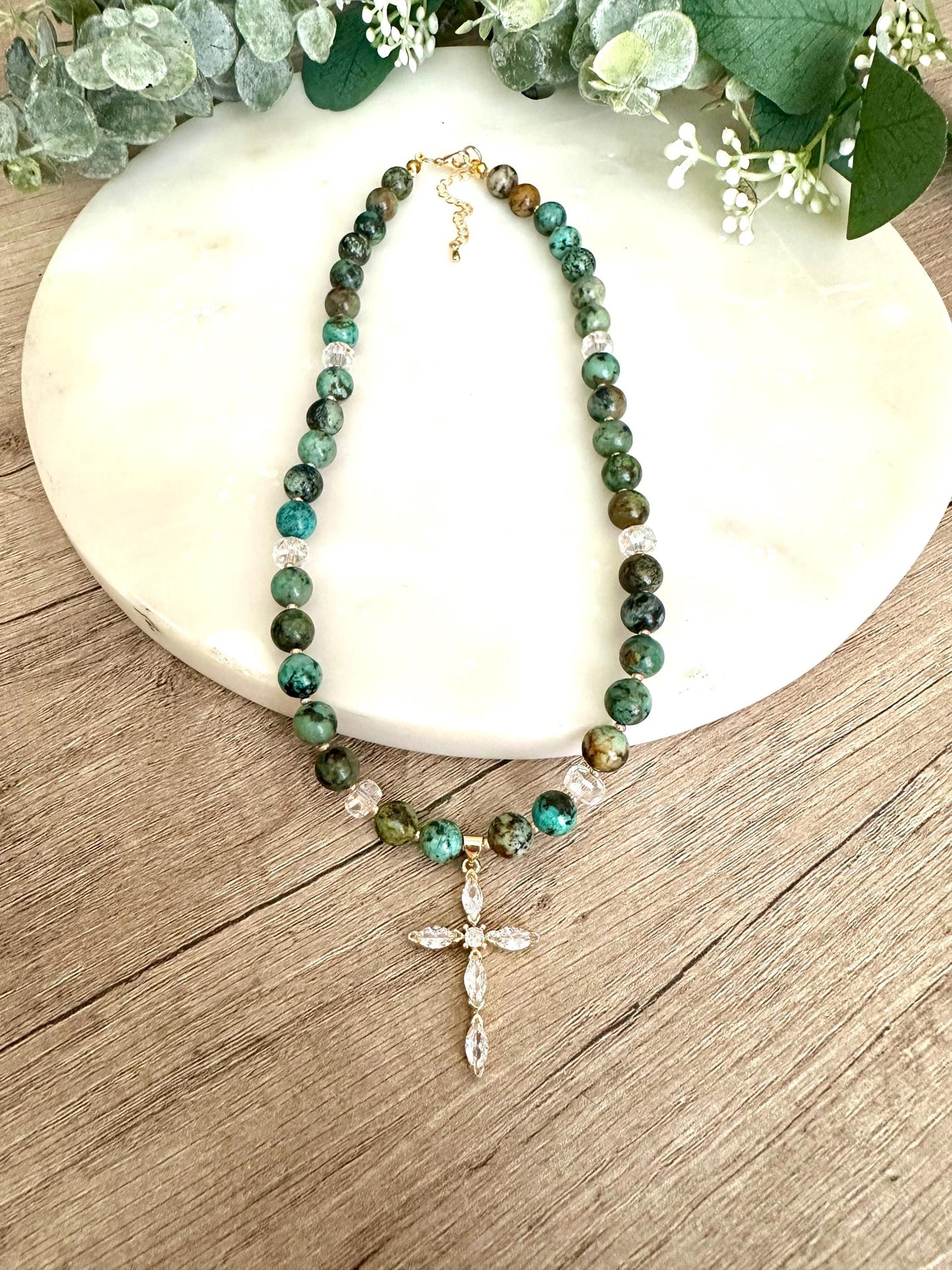 Fall African Turquoise Beaded Cross Necklace -Gift-Wedding-Bridesmaid