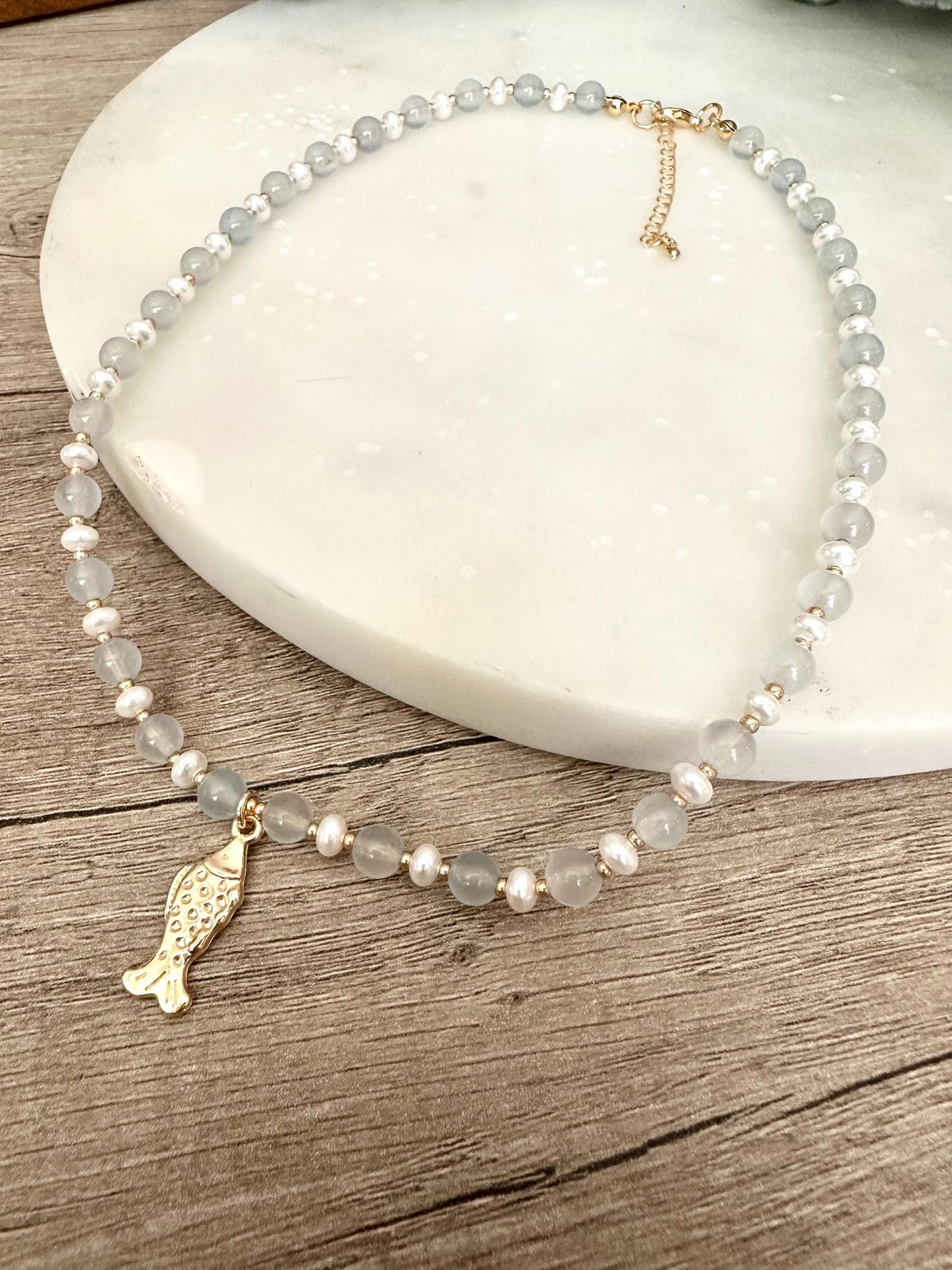 Pale Blue Seaglass and Pearls Beaded Necklace with Fish Pendant-Gift-Wedding-Bridesmaid