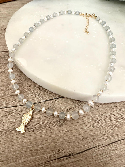 Pale Blue Seaglass and Pearls Beaded Necklace with Fish Pendant-Gift-Wedding-Bridesmaid