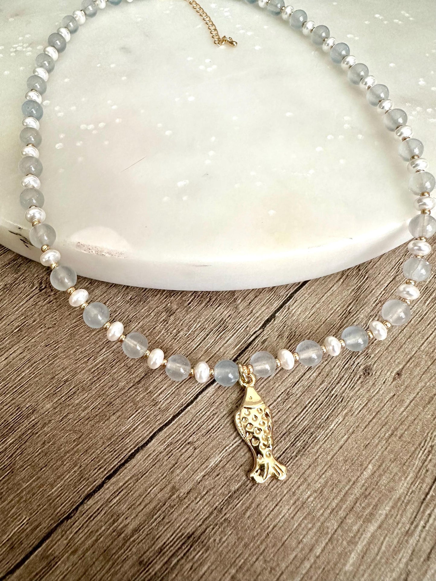 Pale Blue Seaglass and Pearls Beaded Necklace with Fish Pendant-Gift-Wedding-Bridesmaid