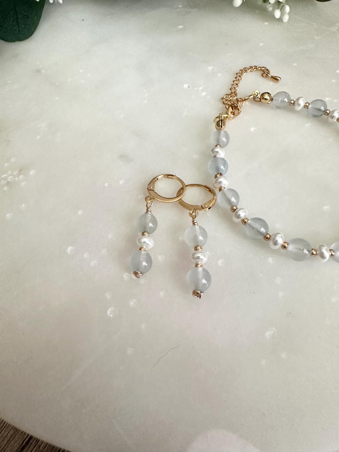 Pale Blue Seaglass and Pearls Beaded Bracelet -Gift-Wedding-Bridesmaid