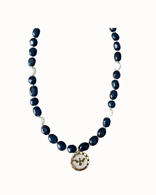 Dark Blue Jade with Freshwater Pearls Dove Pendant Beaded Necklace -Gift-Wedding-Bridesmaid