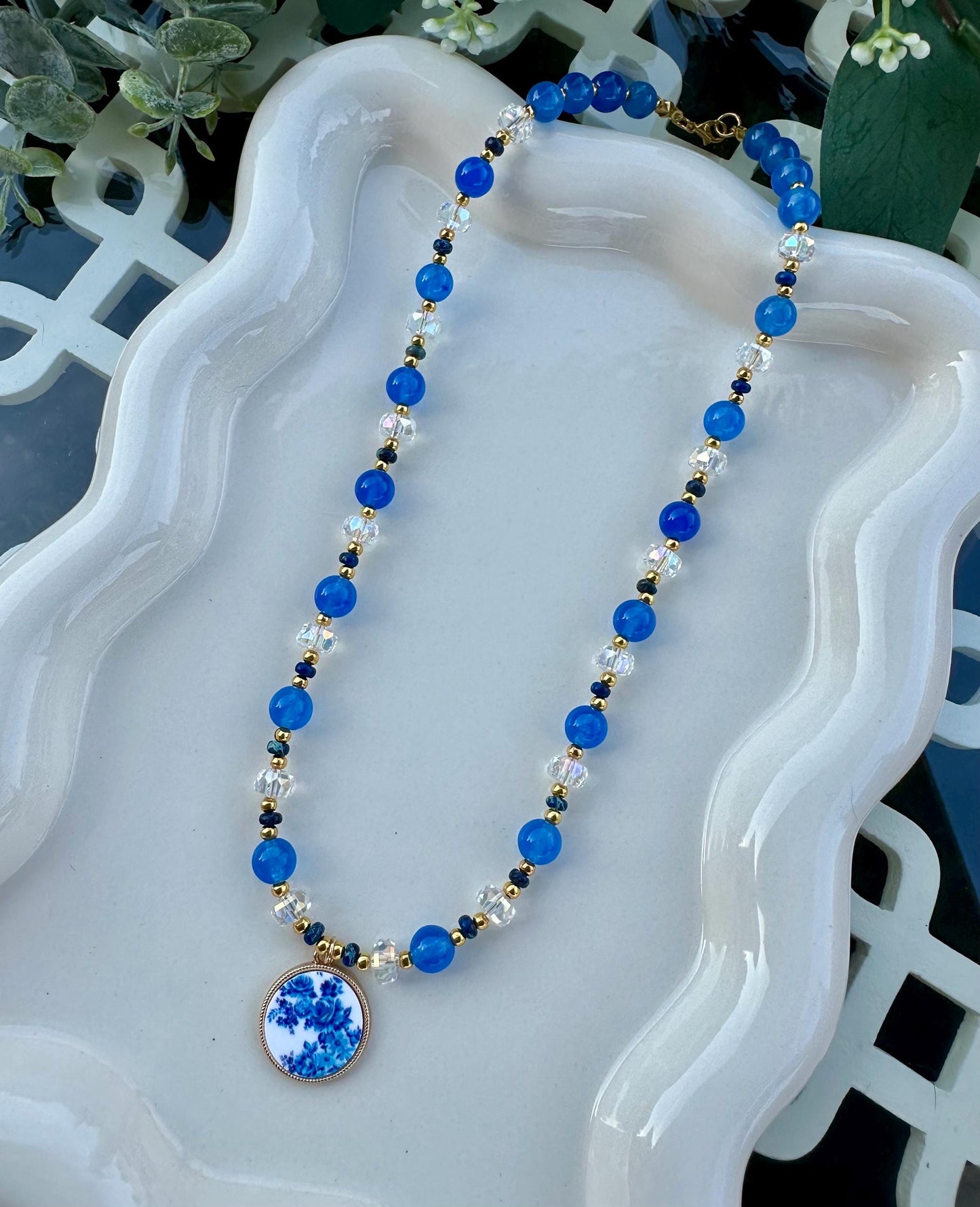 Blue Beaded With Porcelain Floral Pendant  Necklace -Gift-Wedding-Bridesmaid