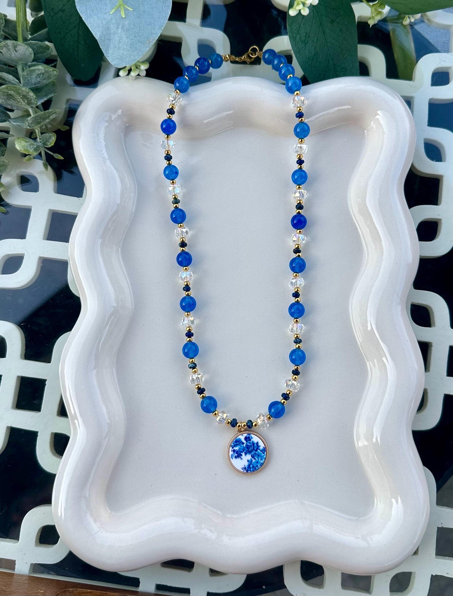 Blue Beaded With Porcelain Floral Pendant  Necklace -Gift-Wedding-Bridesmaid