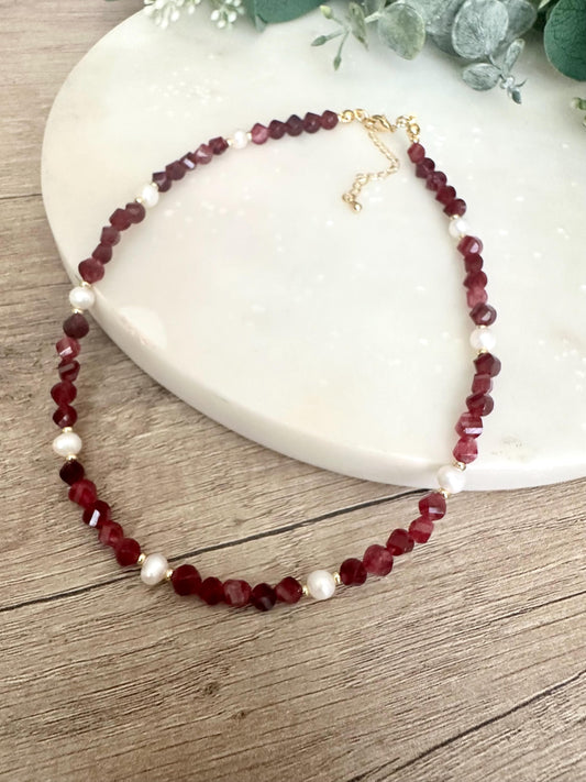 Garnet Jade Freshwater Pearls Beaded Necklace -Gift-Wedding-Bridesmaid