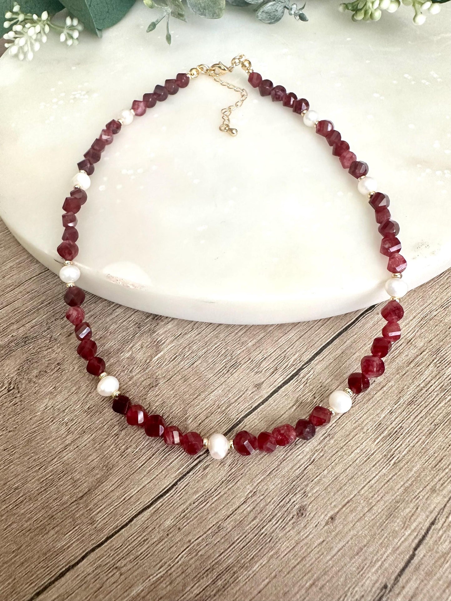 Garnet Jade Freshwater Pearls Beaded Necklace -Gift-Wedding-Bridesmaid