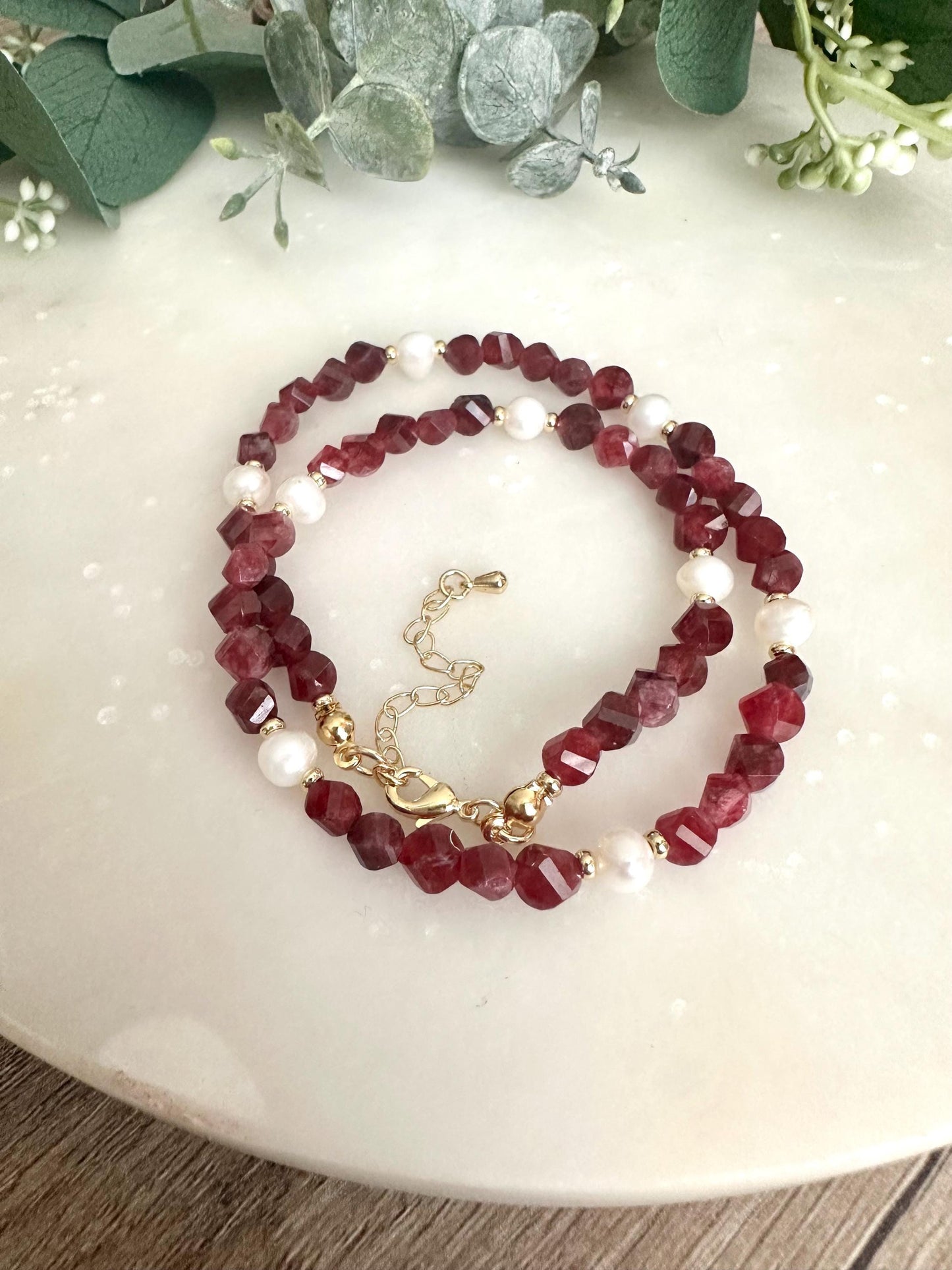 Garnet Jade Freshwater Pearls Beaded Necklace -Gift-Wedding-Bridesmaid