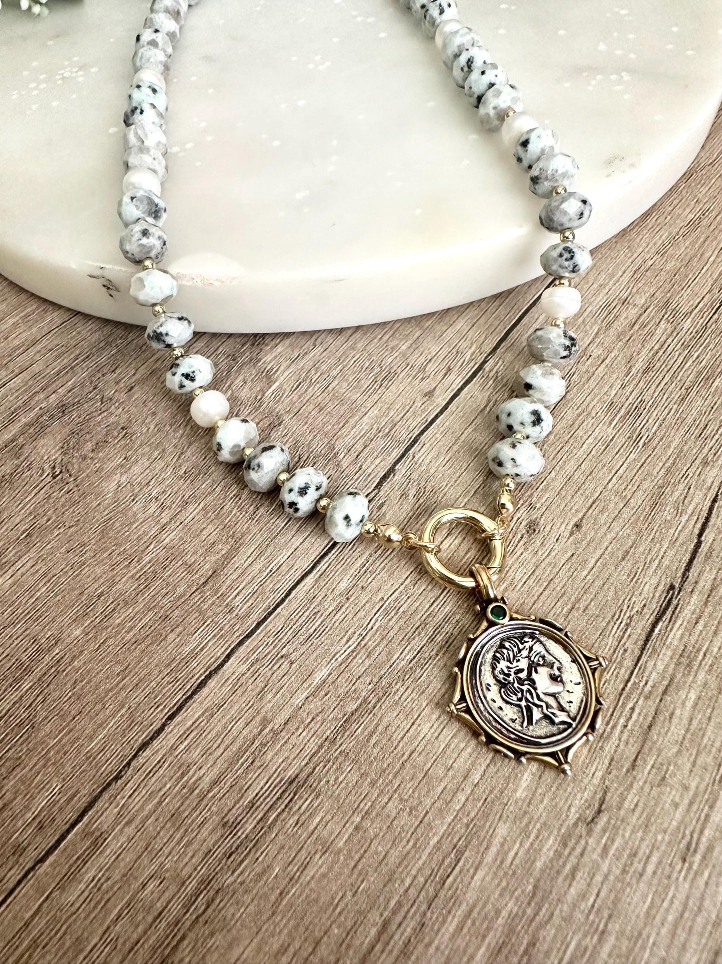 Light Green Kiwi Jasper Beaded Coin Pendant Necklace