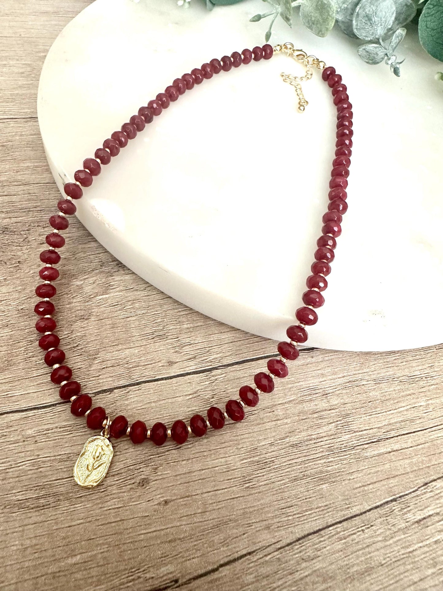 Ruby Red Jade Beaded Necklace with a Rose Pendant