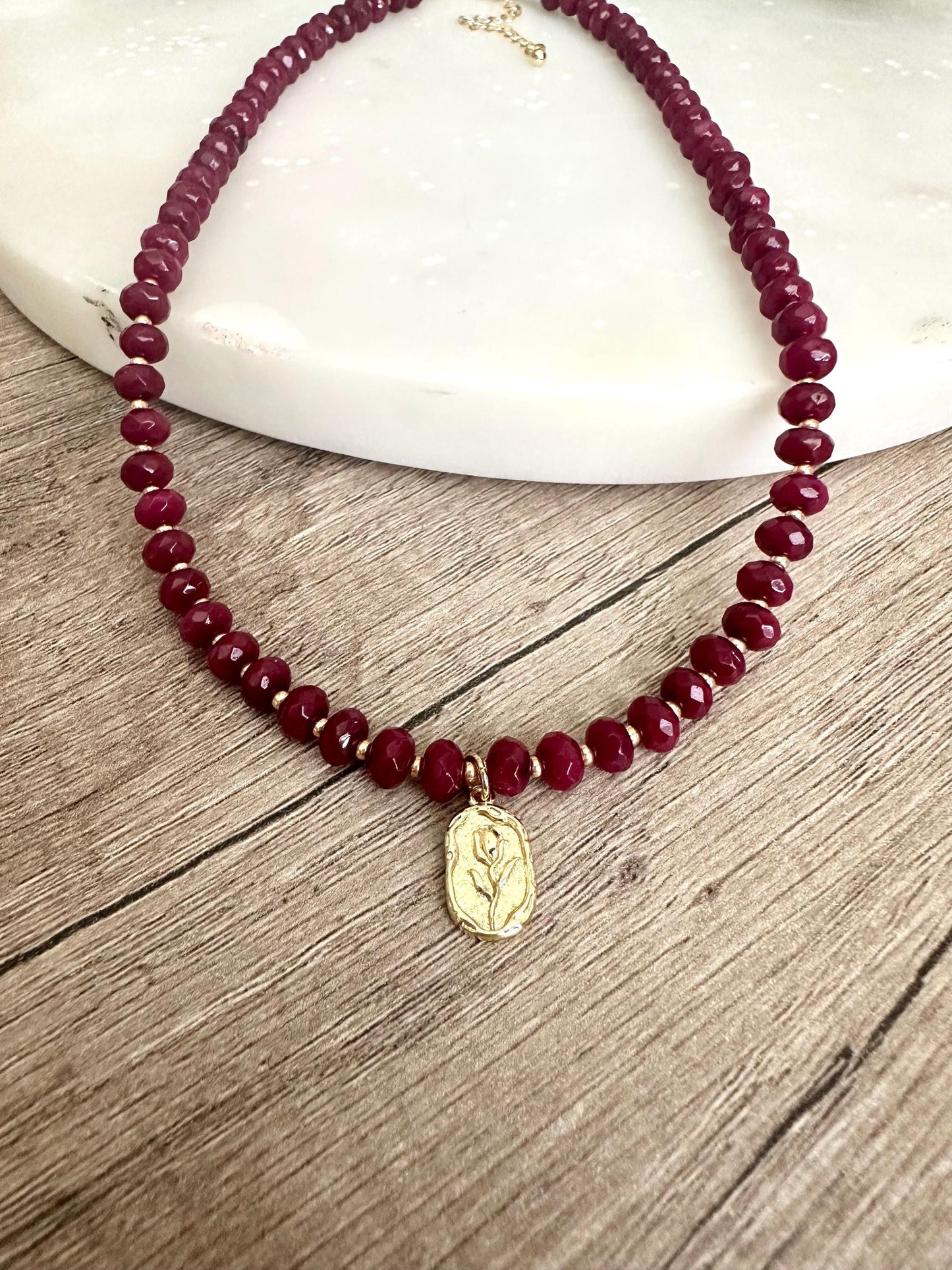 Ruby Red Jade Beaded Necklace with a Rose Pendant