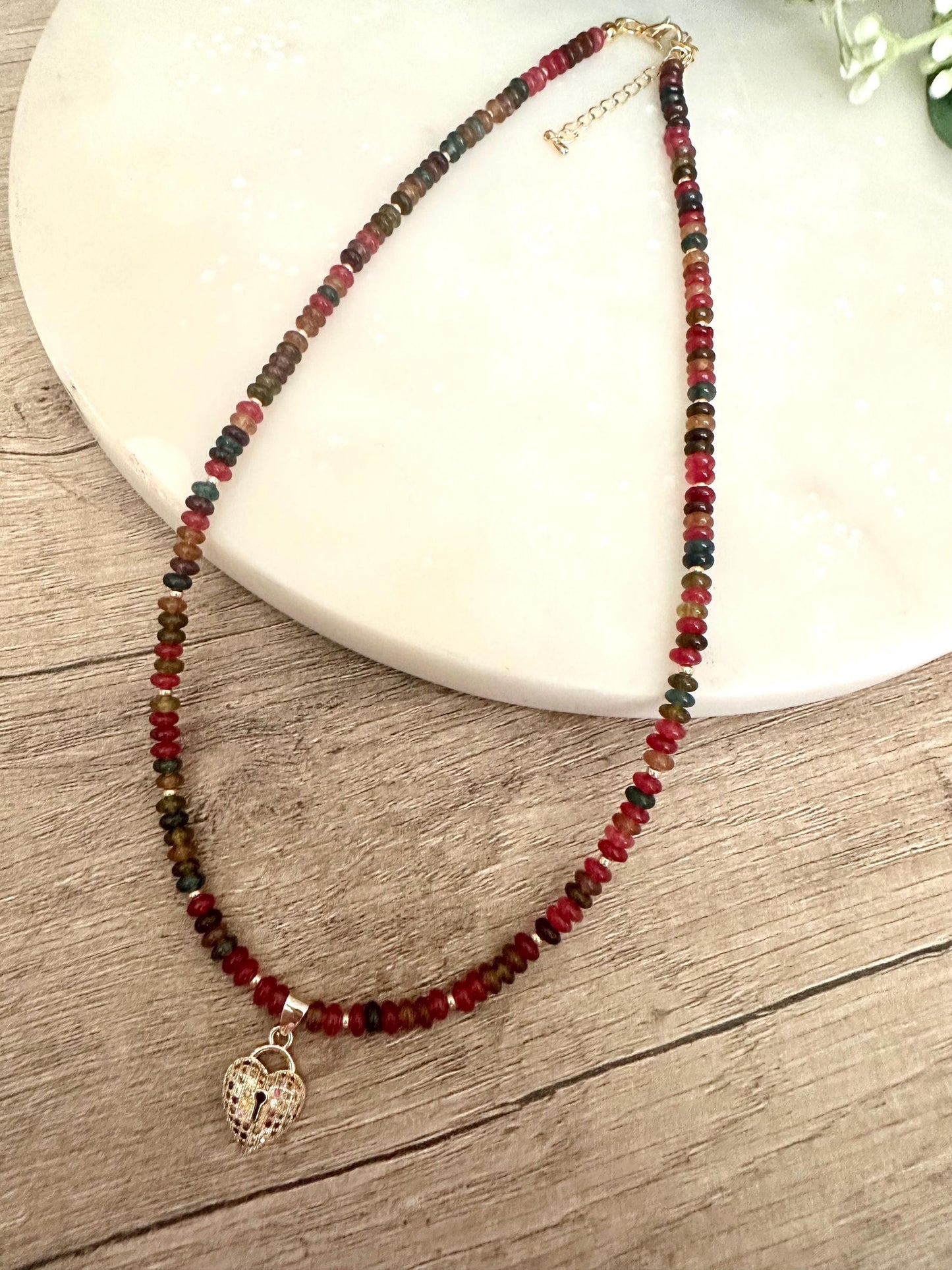 Fall Multicolor Tourmaline Beaded  Heart Necklace -Gift-Wedding-Bridesmaid