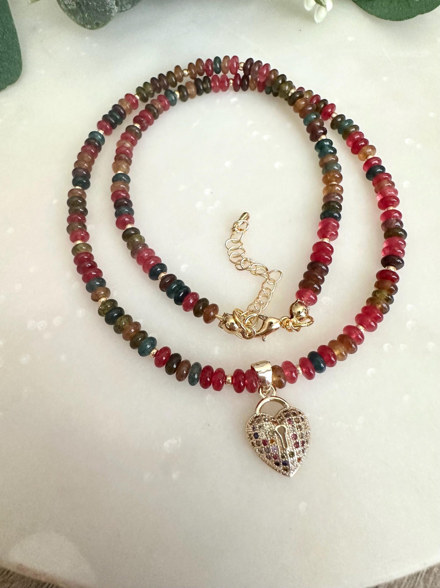 Fall Multicolor Tourmaline Beaded  Heart Necklace -Gift-Wedding-Bridesmaid