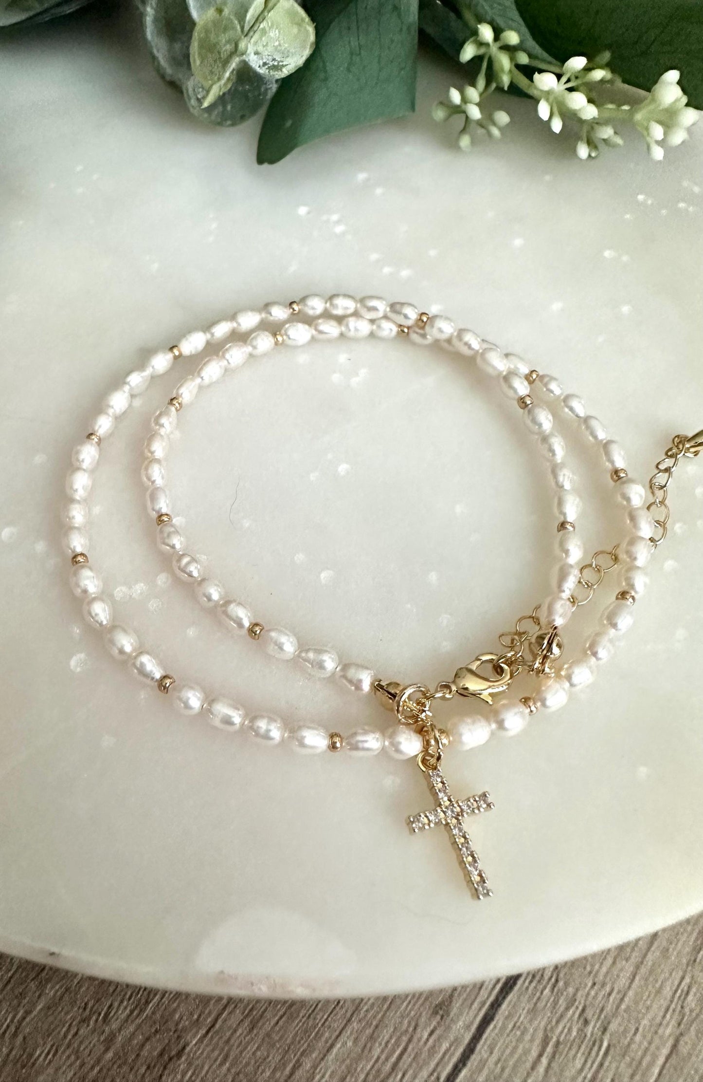 Freshwater Pearl Beaded Cross Necklace -Gift-Wedding-Bridesmaid