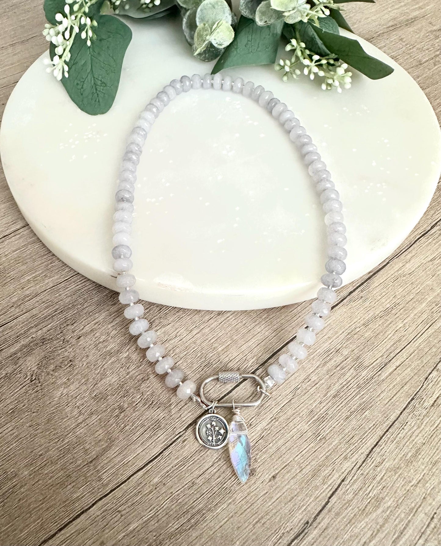 Gray Beaded Caribiner Clasp Necklace -Gift-Wedding-Bridesmaid