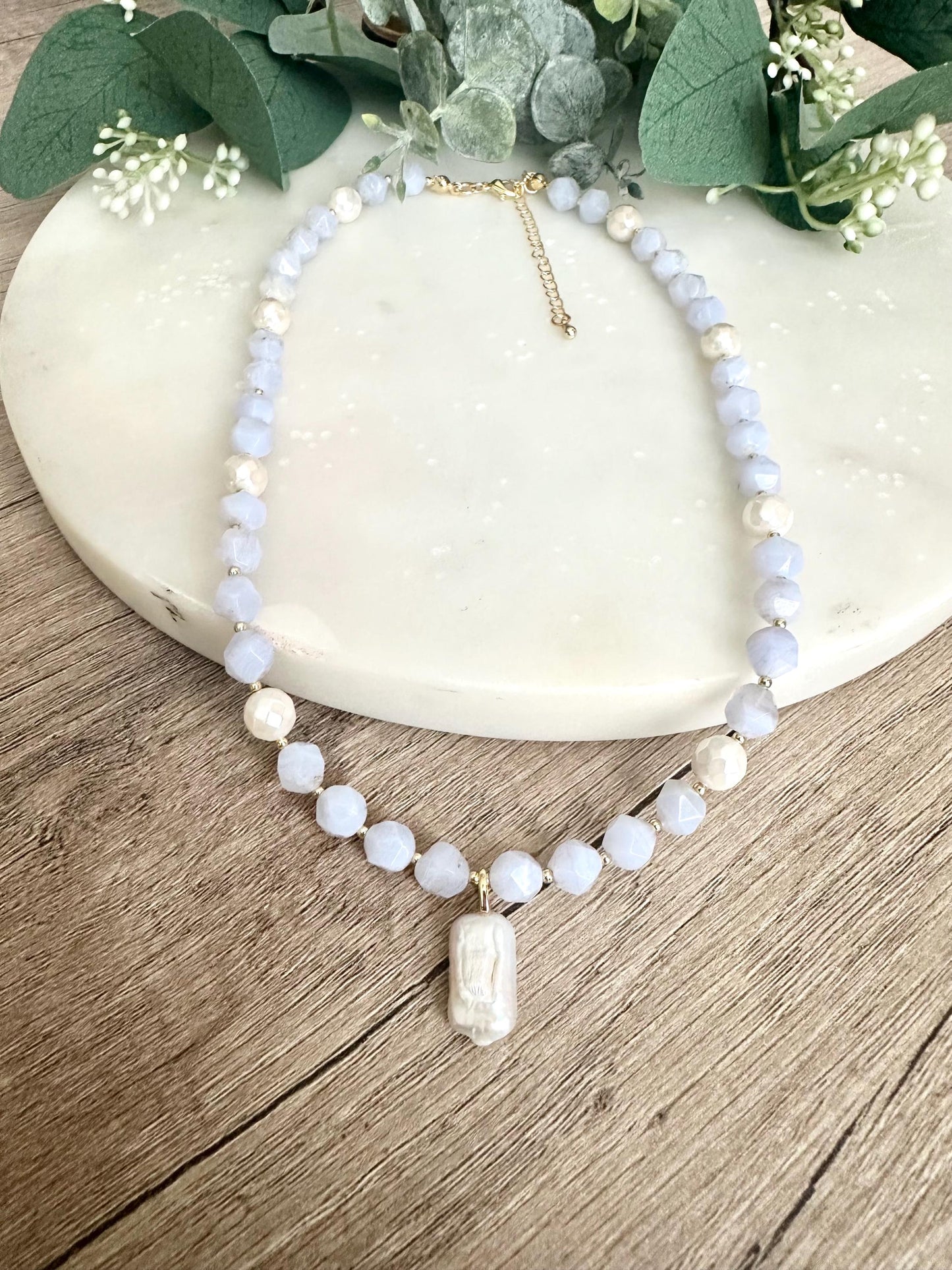 Blue Lace Chalcedony Beaded Pearl Pendant Necklace -Gift-Wedding-Bridesmaids