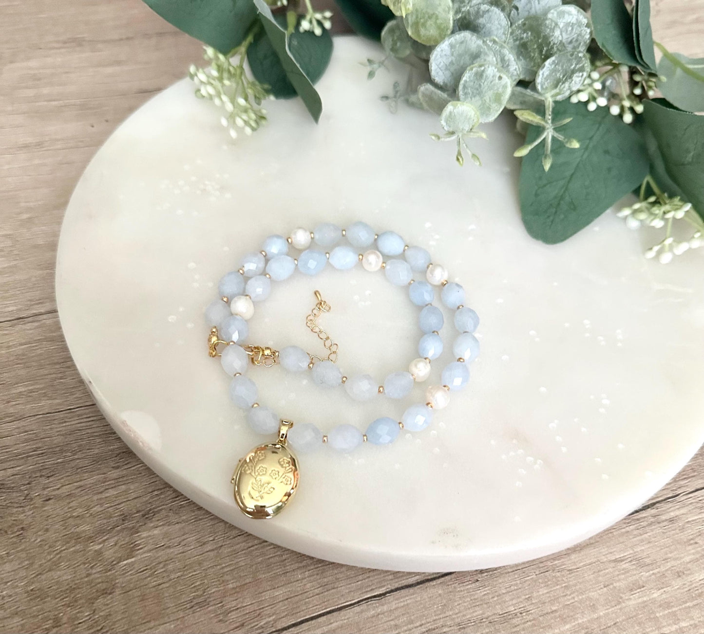 Pale Blue Beaded Locket Necklace -Gift-Wedding-Bridesmaids