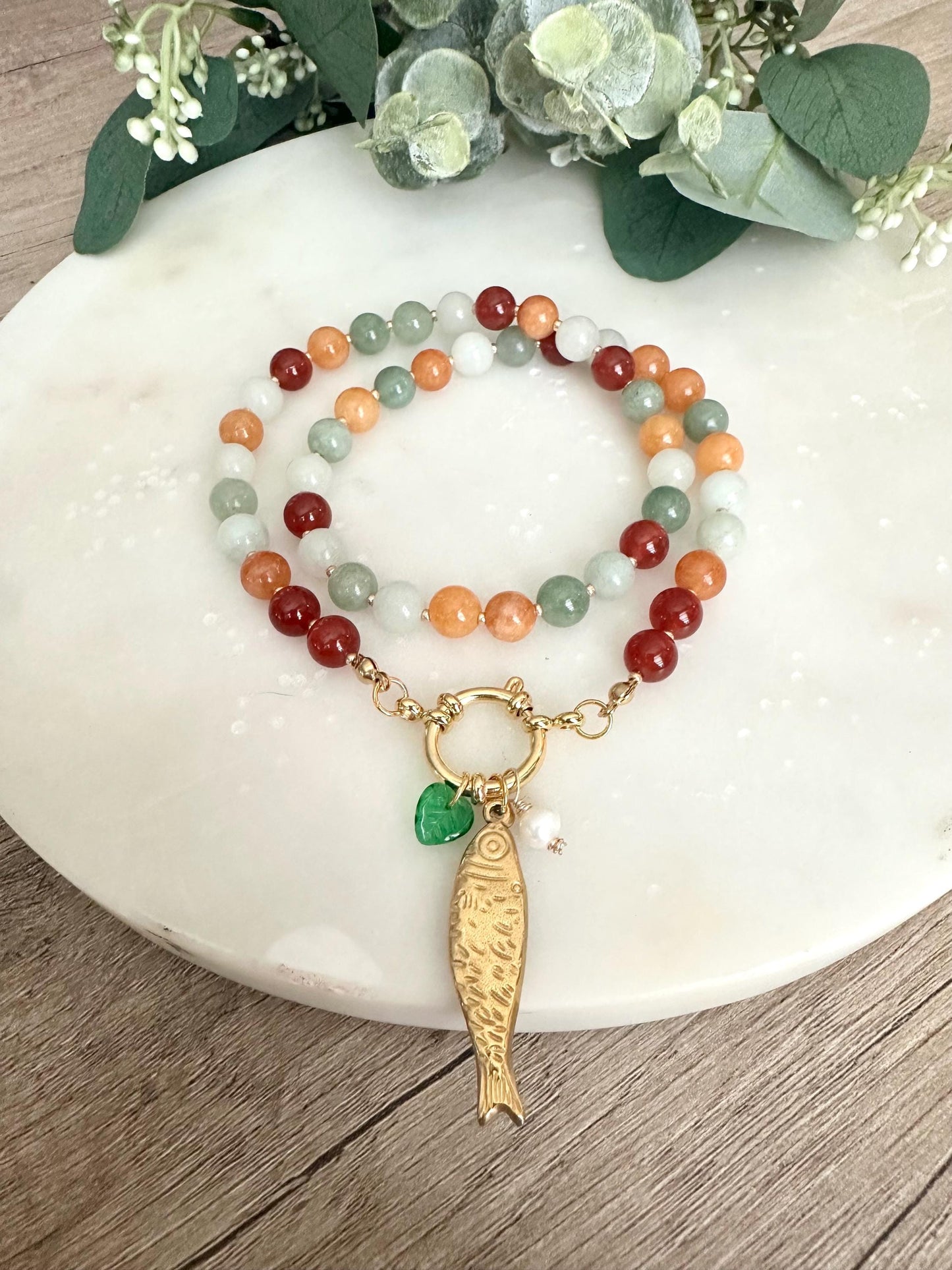 Autumn Multi color Beads Necklace with Fish Charm