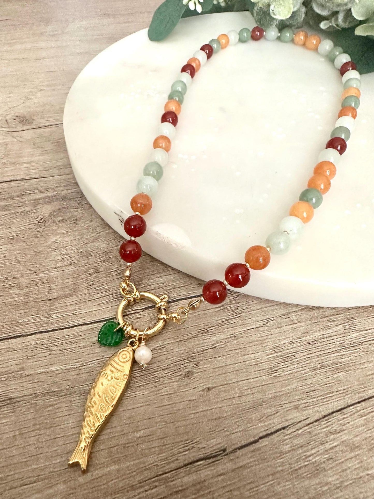 Autumn Multi color Beads Necklace with Fish Charm