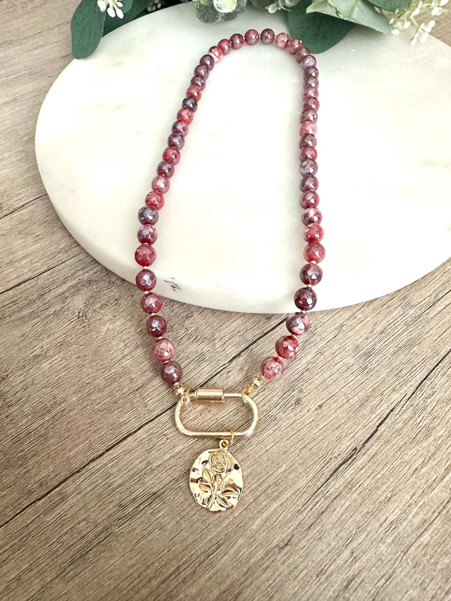 Fall Mystic Red Fire Agate Beaded Rose Pendant Necklace