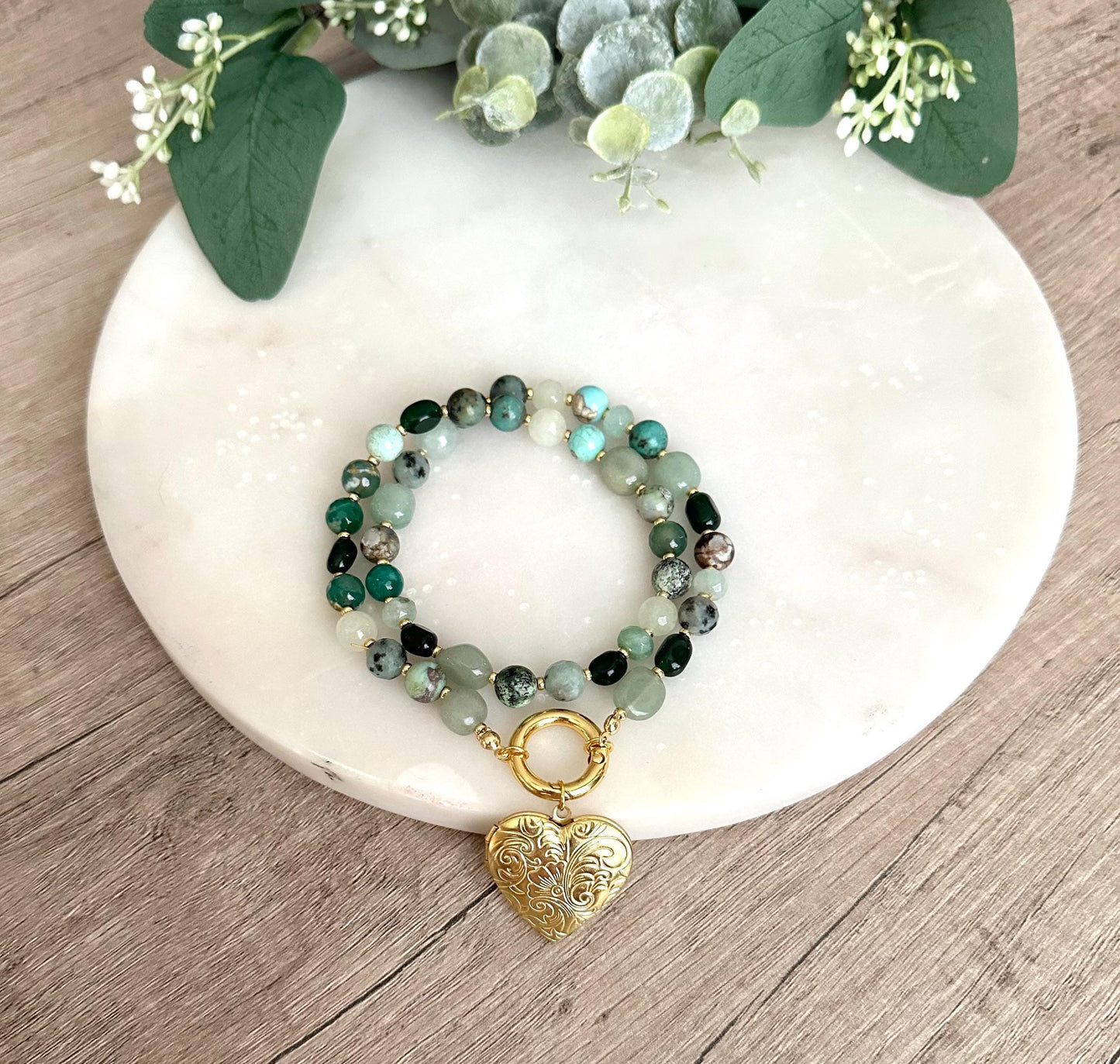 Green Gemstone Beaded Locket Necklace -Gift-Wedding-Bridesmaid