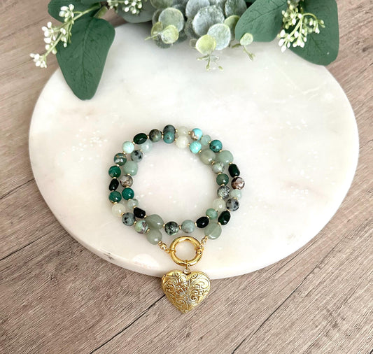 Green Gemstone Beaded Locket Necklace -Gift-Wedding-Bridesmaid