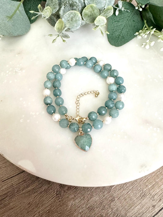 Sage Green jade, Freshwater pearls Beaded Heart Necklace -Gift-Wedding-Bridesmaid