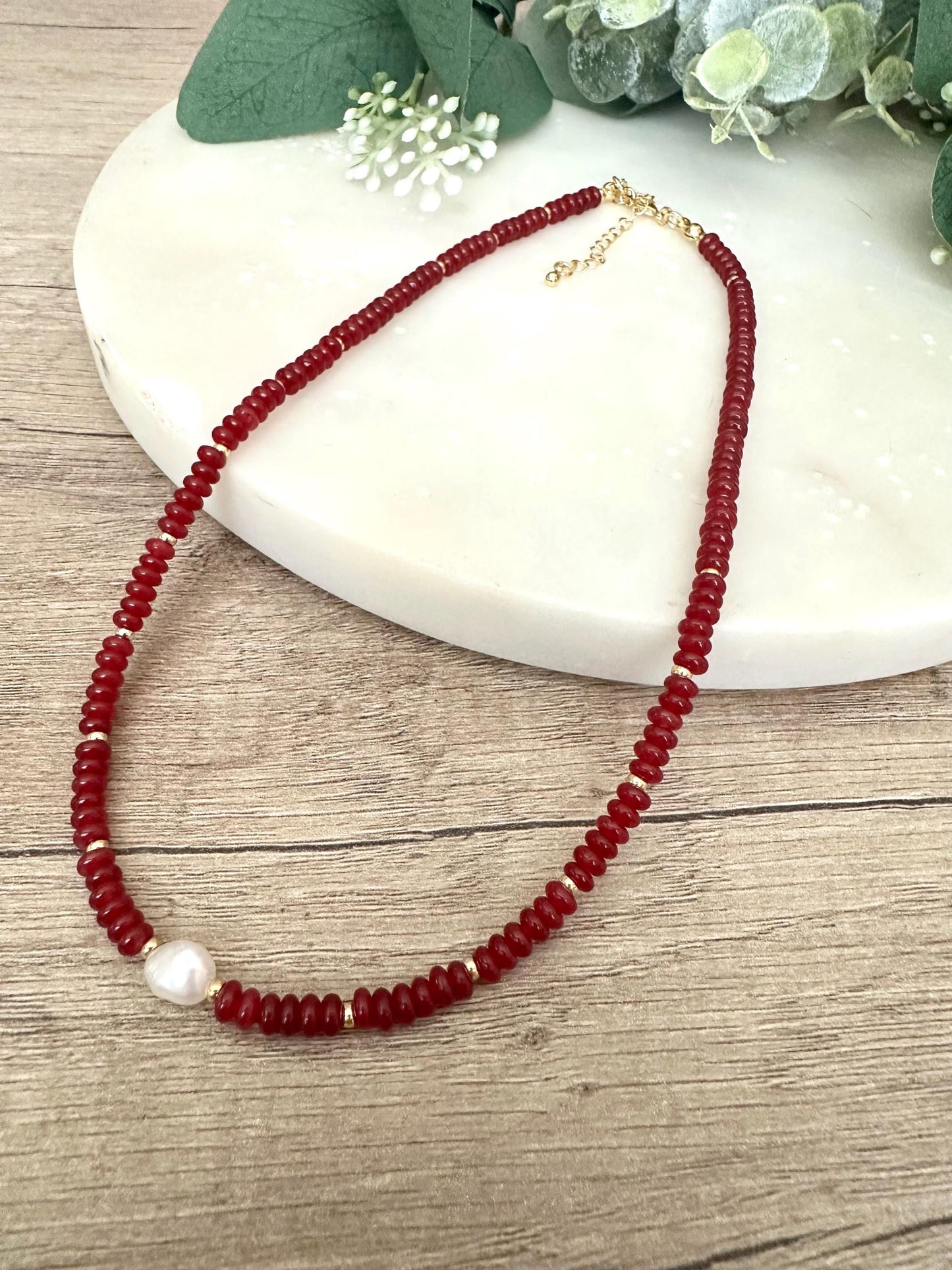 Dark Red Jade with Freshwater Pearl Beaded Necklace -Gift-Wedding-Bridesmaid