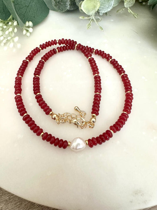 Dark Red Jade with Freshwater Pearl Beaded Necklace -Gift-Wedding-Bridesmaid