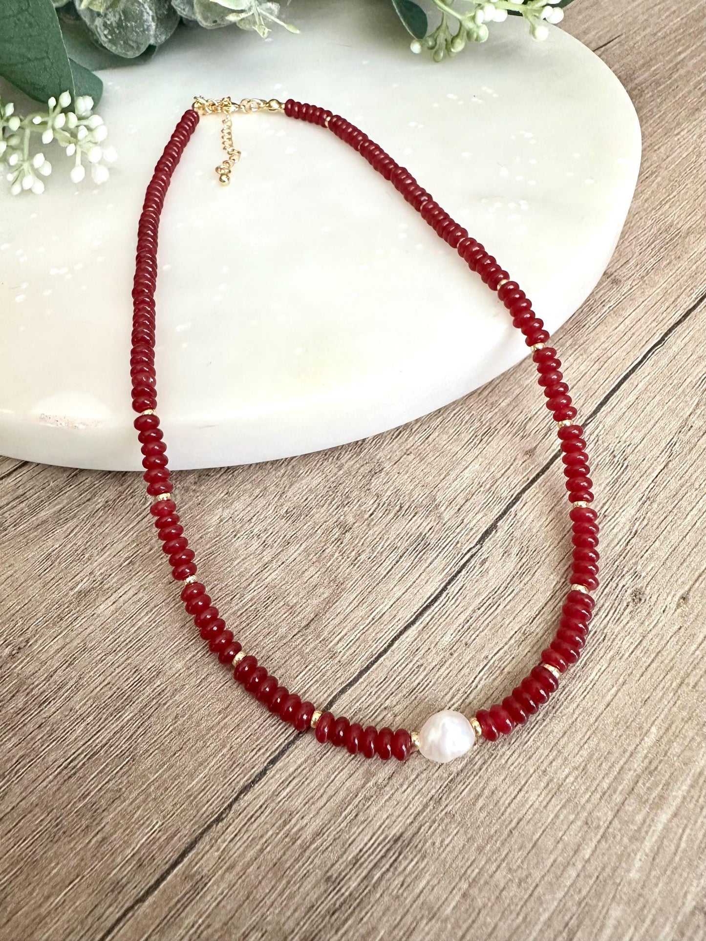 Dark Red Jade with Freshwater Pearl Beaded Necklace -Gift-Wedding-Bridesmaid