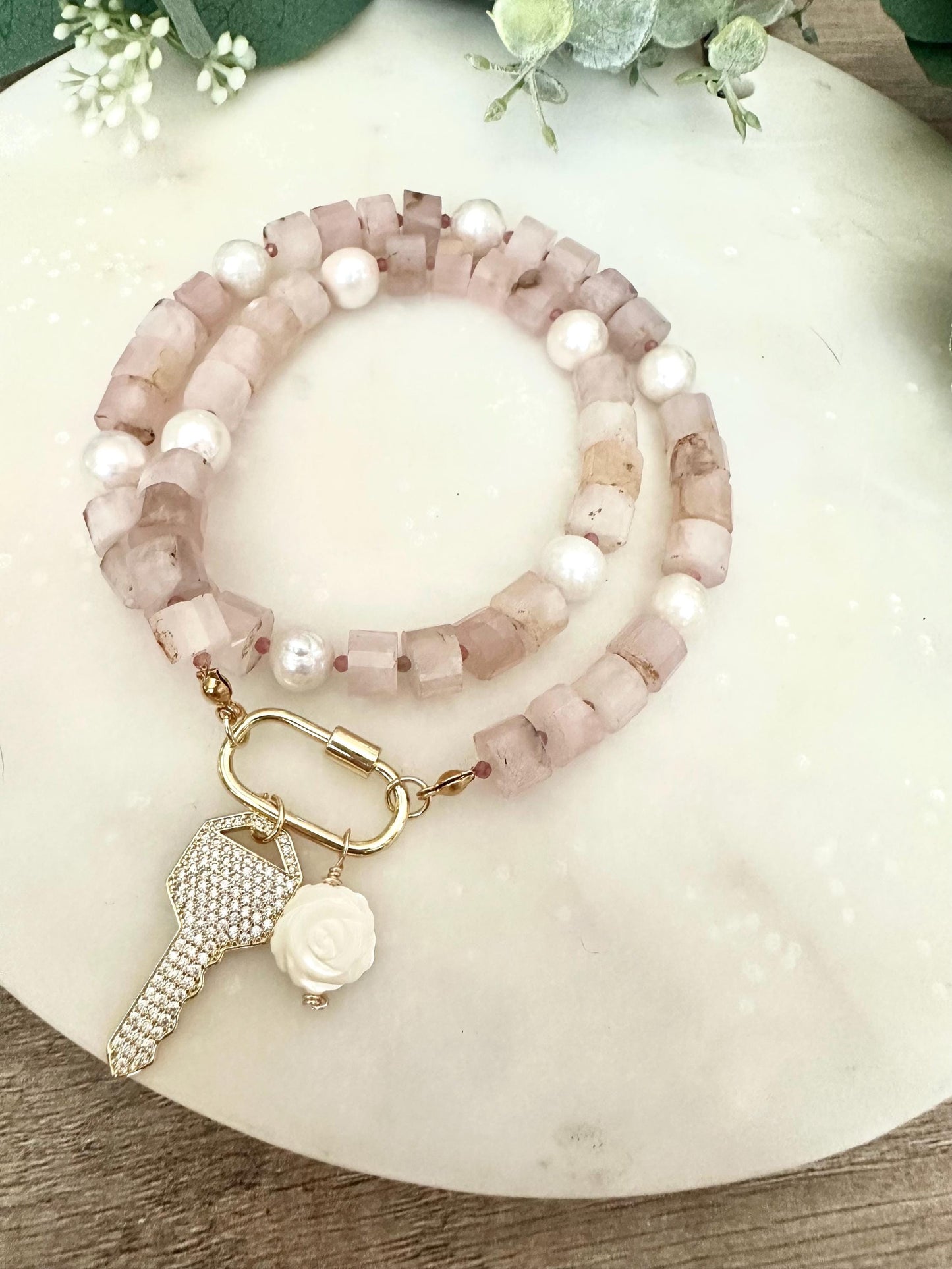 Madagascar Rose Quartz Beaded Necklace CZ Key  Pendant Chunky Necklaces -Gift-Wedding-Bridesmaid