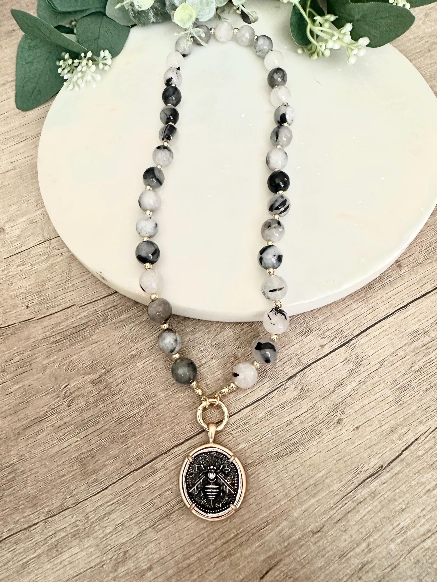 Black Rutilated Quartz Beaded Necklace Coin Bee Pendant Chunky Necklaces -Gift-Wedding-Bridesmaid
